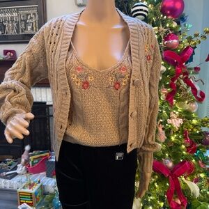 Rave Beige Floral V-Neck Sweater Set